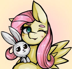 Size: 1592x1543 | Tagged: safe, artist:kyouman1010, fluttershy, pegasus, pony, rabbit, g4, animal, bust, duo, female, gradient background, looking at you, mare, one ear down, one eye closed, wink, winking at you