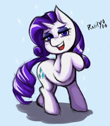 Size: 1350x1543 | Tagged: safe, artist:kyouman1010, rarity, pony, unicorn, g4, female, lidded eyes, looking at you, mare, noblewoman's laugh, open mouth, open smile, raised hoof, simple background, smiling, solo, sparkles, white background