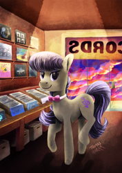 Size: 2480x3508 | Tagged: safe, artist:the-barinade, octavia melody, earth pony, pony, g4, cloud, eyes open, high res, looking at you, music, record, retro, shop, shopping, solo, store, sunset, vintage