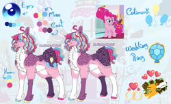 Size: 1280x779 | Tagged: safe, artist:malinraf1615, cheese sandwich, pinkie pie, earth pony, pony, g4, alternate hairstyle, chest fluff, female, freckles, grin, heart, jewelry, lip bite, male, mare, markings, redesign, reference sheet, ring, ship:cheesepie, shipping, smiling, solo focus, stallion, straight, unshorn fetlocks, wedding ring