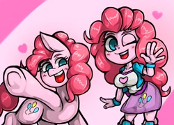 Size: 2026x1447 | Tagged: safe, artist:kyouman1010, pinkie pie, earth pony, pony, equestria girls, g4, clothes, cutie mark on clothes, duo, female, heart, looking at you, mare, one ear down, one eye closed, open mouth, open smile, pink background, self paradox, self ponidox, simple background, smiling, smiling at you, waving, waving at you, wink, winking at you