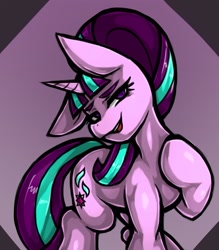 Size: 1350x1543 | Tagged: safe, artist:kyouman1010, starlight glimmer, pony, unicorn, g4, alternate hairstyle, female, gradient background, hoof on chest, looking at you, mare, one ear down, raised hoof, s5 starlight, solo