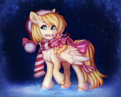 Size: 2000x1600 | Tagged: safe, artist:eltaile, oc, oc:deliambre, pegasus, pony, bow, bowtie, candy, candy cane, christmas, clothes, collaboration, commission, cute, equine, female, food, hat, holiday, mare, outdoors, santa hat, scarf, snow, solo, striped scarf, tail, tail bow, winter, your character here