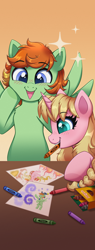 Size: 1440x3780 | Tagged: safe, artist:confetticakez, oc, oc only, oc:barley tender, oc:caramel malt, pegasus, pony, unicorn, blushing, convention mascot, crayon, drawing, duo, female, happy, male, mare, mascot, mouth hold, sparkles, spread wings, stallion, surprised, wings