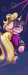 Size: 1440x3780 | Tagged: safe, artist:confetticakez, coloratura, oc, oc only, oc:caramel malt, pony, unicorn, clothes, convention, convention mascot, cosplay, costume, countess coloratura, female, floppy ears, looking back, mare, mascot, neon, one eye closed, ponyville ciderfest, raised hoof, smoke, solo, stars, underhoof, veil, wink