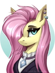 Size: 900x1200 | Tagged: safe, artist:buvanybu, fluttershy, pegasus, pony, g4, bust, ear piercing, earring, fluttergoth, hair over one eye, jewelry, piercing, solo