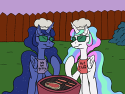 Size: 1000x753 | Tagged: safe, artist:happy harvey, princess celestia, princess luna, alicorn, pony, g4, apron, backyard, barbeque, bush, chef's hat, clothes, female, fence, food, grass, grill, hat, hot dog, mare, meat, phone drawing, ponies eating meat, ponified, rugrats, sausage, smiling, smug, steak, sunglasses, yard