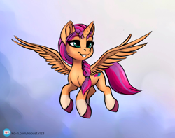 Size: 2598x2048 | Tagged: safe, artist:kapusta123, sunny starscout, alicorn, pony, g5, my little pony: a new generation, ear fluff, fanart, female, flying, green eyes, high res, horn, smiling, spread wings, wings