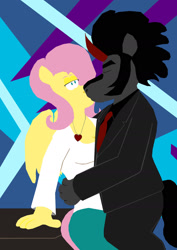 Size: 1280x1803 | Tagged: safe, artist:rotgriff, fluttershy, king sombra, pegasus, unicorn, anthro, g4, clothes, female, jewelry, kissing, male, mare, necklace, necktie, ship:sombrashy, shipping, stallion, straight, suit