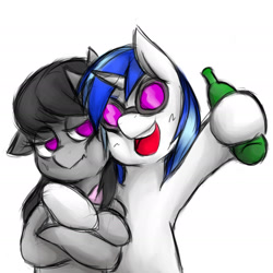 Size: 1654x1654 | Tagged: safe, artist:kyouman1010, dj pon-3, octavia melody, vinyl scratch, earth pony, pony, unicorn, g4, alcohol, bust, crossed hooves, drink, duo, female, glasses, hoof around neck, mare, octavia is not amused, open mouth, open smile, simple background, smiling, unamused, vinyl's glasses, white background