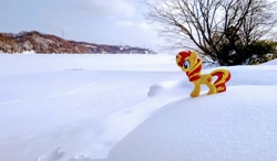 Size: 2048x1193 | Tagged: safe, photographer:pakapaka1993, sunset shimmer, pony, unicorn, g4, irl, japan, lake, photo, plushie, snow, solo