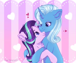 Size: 1843x1538 | Tagged: safe, artist:kadzumiisayu, starlight glimmer, trixie, pony, unicorn, chest fluff, cute, diatrixes, duo, duo female, ear fluff, female, glimmerbetes, heart, holiday, hug, lesbian, looking at each other, looking at someone, mare, one eye closed, shipping, smiling, smiling at each other, startrix, valentine's day, wink, ych example, your character here