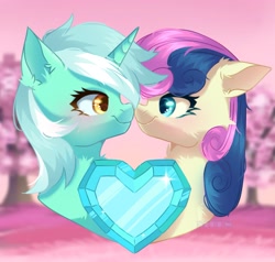 Size: 1821x1737 | Tagged: safe, artist:freyamilk, bon bon, lyra heartstrings, sweetie drops, earth pony, pony, unicorn, g4, adorabon, blushing, boop, crystal heart, cute, duo, female, heart, looking at each other, looking at someone, lyrabetes, mare, noseboop, tree