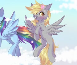 Size: 1478x1239 | Tagged: safe, artist:freyamilk, derpy hooves, rainbow dash, pegasus, pony, g4, blushing, chest fluff, cloud, cute, derpabetes, female, flying, mare, open mouth, sky, solo focus, ych example, your character here