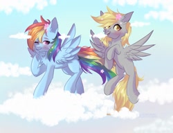 Size: 2091x1606 | Tagged: safe, artist:arllistar, derpy hooves, rainbow dash, pegasus, pony, g4, blushing, chest fluff, cloud, cute, dashabetes, derpabetes, duo, duo female, female, flying, mare, one eye closed, open mouth, outdoors, raised hoof, raised leg, sky, spread wings, wings, wink