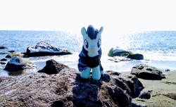 Size: 2048x1246 | Tagged: safe, photographer:pakapaka1993, coloratura, earth pony, pony, g4, beach, irl, japan, ocean, photo, plushie, rock, solo, water