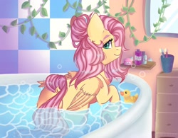 Size: 2048x1599 | Tagged: safe, artist:freyamilk, fluttershy, bird, duck, pegasus, pony, g4, alternate hairstyle, aside glance, bath, bathing, bathroom, bathtub, chest fluff, cute, female, folded wings, hair bun, indoors, looking at you, mare, partially submerged, profile, raised hoof, rear view, rubber duck, shyabetes, smiling, solo, water, wet, window, wings