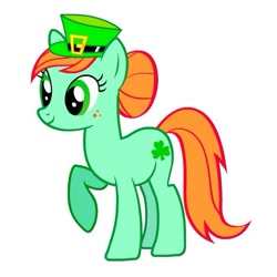 Size: 469x469 | Tagged: safe, cloverleaf, earth pony, pony, g4, official, freckles, green, green coat, green eyes, hat, holiday, ireland, irish, orange mane, orange tail, redhead, saint patrick's day, simple background, solo, tail, white background