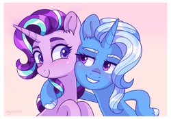 Size: 2252x1565 | Tagged: safe, artist:skysorbett, starlight glimmer, trixie, pony, unicorn, g4, bedroom eyes, blushing, cute, diatrixes, duo, female, glimmerbetes, grin, hug, lesbian, looking at each other, looking at someone, mare, pink background, ship:startrix, shipping, simple background, smiling, unshorn fetlocks