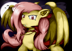 Size: 1000x700 | Tagged: safe, artist:yellow-kantera, fluttershy, bat pony, g4, bat ponified, cape, clothes, fangs, female, flutterbat, full moon, jewelry, looking at you, mare, moon, necklace, race swap, red eyes, solo