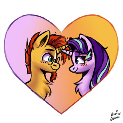 Size: 2000x2000 | Tagged: safe, artist:ami-gami, starlight glimmer, sunburst, pony, unicorn, g4, bust, chest fluff, duo, female, heart, high res, holiday, looking at each other, looking at someone, male, mare, ship:starburst, shipping, simple background, smiling, smiling at each other, stallion, straight, valentine's day, white background