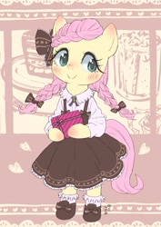 Size: 1448x2048 | Tagged: safe, artist:yanamosuda, fluttershy, pegasus, pony, semi-anthro, alternate hairstyle, blouse, blushing, bow, braid, clothes, cute, dress, frilly, frilly dress, frilly socks, holiday, hoof hold, looking at you, present, shyabetes, smiling, socks, standing, valentine's day