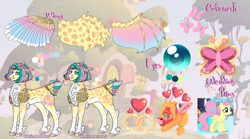 Size: 1772x985 | Tagged: safe, artist:malinraf1615, big macintosh, fluttershy, pony, g4, alternate design, alternate hairstyle, chest fluff, colored wings, feathered fetlocks, female, fluttershy's cottage, heart, male, multicolored hair, multicolored wings, reference sheet, screencap reference, ship:fluttermac, shipping, short hair, solo, straight, tail, tail feathers, wingless, wings