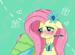 Size: 1039x760 | Tagged: safe, artist:rakuenarts, fluttershy, pegasus, pony, g4, blushing, clothes, cute, dress, floppy ears, flower, flower in hair, gala dress, green background, shyabetes, simple background, solo