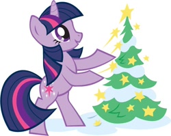 Size: 670x532 | Tagged: safe, twilight sparkle, pony, unicorn, g4, official, artifact, bipedal, christmas, christmas tree, facebook, female, holiday, hooves, horn, mare, simple background, smiling, solo, standing, stars, tail, tree, unicorn twilight, white background