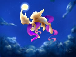 Size: 1024x768 | Tagged: safe, artist:tanukei0815, oc, oc only, pegasus, pony, cloud, female, flying, looking at you, mare, moon, night, night sky, not fluttershy, paint tool sai, signature, sky, solo