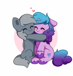 Size: 3892x4006 | Tagged: safe, artist:kittyrosie, izzy moonbow, oc, pony, unicorn, g5, my little pony: a new generation, blushing, canon x oc, commission, cute, duo, eyes closed, hug, ych result