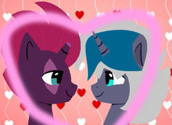 Size: 561x406 | Tagged: safe, artist:jadeharmony, artist:swaggykittycat, fizzlepop berrytwist, tempest shadow, oc, oc:elizabat stormfeather, alicorn, bat pony, bat pony alicorn, pony, unicorn, g4, alicorn oc, base used, bat pony oc, bat wings, broken horn, canon x oc, cute, duo, eye scar, female, heart, holiday, horn, lesbian, looking at each other, looking at someone, mare, scar, shipping, stormshadow, tempestbetes, valentine's day, wings