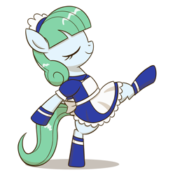 Size: 1650x1650 | Tagged: safe, artist:sazanamibd, oc, oc only, oc:persephone, earth pony, pony, ponyvania, ponyvania: order of equestria, bipedal, clothes, cute, dress, earth pony oc, eyes closed, female, maid, maid headdress, mare, ocbetes, persephone, side view, simple background, solo, standing, standing on one leg, walking, white background