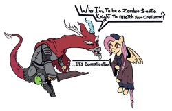 Size: 4026x2615 | Tagged: safe, anonymous artist, discord, fluttershy, draconequus, pegasus, pony, g4, armor, cape, clothes, costume, dark souls, dark souls 3, dialogue, discord is not amused, dress, duo, female, frown, high res, looking at each other, looking at someone, mare, open mouth, simple background, slave knight gael, spread wings, sword, talking, transparent background, unamused, weapon, wings