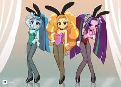 Size: 1392x1000 | Tagged: safe, artist:howxu, adagio dazzle, aria blaze, sonata dusk, equestria girls, g4, bare shoulders, blushing, bowtie, breasts, bunny adagio, bunny ears, bunny suit, busty adagio dazzle, busty sonata dusk, cleavage, clothes, cuffs (clothes), embarrassed, female, fishnet stockings, high heels, leotard, looking at you, open mouth, shoes, sleeveless, strapless, the dazzlings, trio, trio female