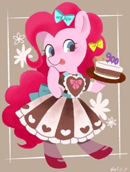 Size: 1536x2048 | Tagged: safe, artist:efuji_d, pinkie pie, earth pony, pony, g4, apron, bipedal, bow, cake, clothes, cute, diapinkes, dress, female, food, hair bow, mare, smiling, solo, tongue out, waitress