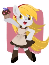 Size: 1536x2048 | Tagged: safe, artist:efuji_d, derpy hooves, pegasus, pony, g4, apron, bipedal, clothes, cute, derpabetes, dress, female, food, hoof on hip, mare, muffin, open mouth, open smile, shoes, smiling, socks, solo, that pony sure does love muffins
