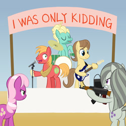Size: 1024x1024 | Tagged: safe, artist:sazanamibd, big macintosh, caramel, cheerilee, marble pie, zephyr breeze, earth pony, pegasus, pony, g4, ak-47, angry, assault rifle, bipedal, butt, cheerilee is not amused, cheerincel, dexterous hooves, drums, electric guitar, eyes closed, female, freckles, gritted teeth, guitar, gun, heartbroken marble, hoof hold, implied cheerimac, implied marblemac, implied shipping, incel, incelpie, just kidding, looking at someone, male, marble pie is not amused, marblebutt, mare, marecel, microphone, musical instrument, open mouth, plot, raised hoof, rifle, song reference, stage, stallion, this will end in death, this will end in tears, this will end in tears and/or death, unamused, weapon, weird al yankovic, wide eyes