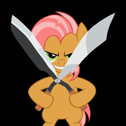 Size: 1024x1024 | Tagged: safe, artist:sazanamibd, babs seed, earth pony, pony, g4, bipedal, black background, clock tower (video game), female, filly, foal, grin, gritted teeth, looking at you, mohel, scissors, simple background, smiling, solo