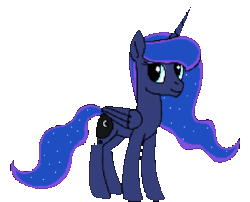 Size: 857x694 | Tagged: safe, artist:dyonys, princess luna, alicorn, pony, g4, animated, ethereal mane, februpony, looking at you, missing accessory, one eye closed, pixel art, simple background, smiling, solo, spread wings, standing, transparent background, wings, wink, winking at you