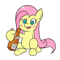 Size: 1000x1000 | Tagged: safe, artist:sazanamibd, fluttershy, pegasus, pony, g4, alcohol, blushing, bottle, confused, drink, drunk, drunkershy, female, front view, looking at you, mare, open mouth, simple background, sitting, solo, white background