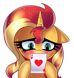 Size: 3600x3800 | Tagged: safe, artist:opal_radiance, sunset shimmer, pony, unicorn, g4, blushing, card, commission, cute, heart, high res, holiday, playing card, poker, shimmerbetes, simple background, solo, transparent background, valentine's day, ych result
