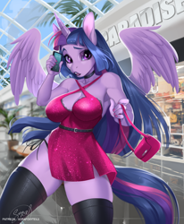 Size: 1000x1211 | Tagged: safe, artist:sorafoxyteils, twilight sparkle, alicorn, anthro, g4, beautiful, beautisexy, belt, big breasts, black lipstick, breasts, busty twilight sparkle, cellphone, choker, cleavage, clothes, curvy, detailed background, dress, eyeshadow, female, frilly, hourglass figure, lips, lipstick, long mane, makeup, minidress, nail polish, panties, phone, purse, sexy, short dress, side knot underwear, side slit, skimpy outfit, smartphone, socks, solo, sparkly dress, spread wings, stupid sexy twilight, thigh highs, thighs, thong, total sideslit, twilight sparkle (alicorn), underwear, wide hips, wings, zettai ryouiki
