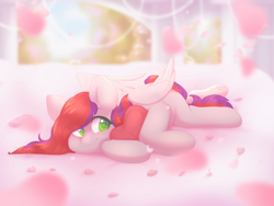 Size: 3200x2400 | Tagged: safe, artist:babiiclouds, oc, oc only, oc:evening prose, pegasus, pony, female, flower petals, freckles, high res, jewelry, lying down, mare, necklace, pearl necklace, solo