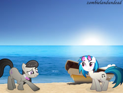 Size: 1600x1200 | Tagged: safe, artist:zombielandundead, dj pon-3, octavia melody, vinyl scratch, earth pony, pony, unicorn, g4, 2014, beach, boat, duo, female, irl, mare, ocean, photo, ponies in real life, water