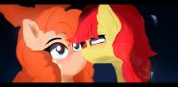 Size: 2220x1080 | Tagged: safe, artist:diamondgreenanimat0, bright mac, pear butter, earth pony, pony, g4, 2022, blue background, blue eyes, blushing, dark background, freckles, green eyes, holiday, kissing, love, moon, orange hair, red hair, seduction, simple background, surprised face, tree, valentine's day