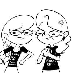 Size: 1440x1440 | Tagged: safe, artist:tjpones, diamond tiara, silver spoon, human, g4, black and white, clothes, dexter's laboratory, duo, female, grayscale, humanized, monochrome, shirt, simple background, text on clothing, text on shirt, white background