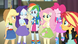 Size: 3410x1920 | Tagged: safe, screencap, applejack, fluttershy, pinkie pie, rainbow dash, rarity, sunset shimmer, equestria girls, g4, my little pony equestria girls: friendship games, applejack's hat, boots, bracelet, canterlot high, clothes, cowboy hat, crossed arms, cutie mark on clothes, eyes closed, female, hairpin, hat, high res, humane five, jacket, jewelry, leather jacket, shoes, smiling