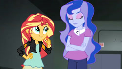 Size: 3410x1920 | Tagged: safe, screencap, princess luna, sunset shimmer, vice principal luna, equestria girls, g4, my little pony equestria girls: friendship games, clothes, crossed arms, duo, duo female, eyes closed, female, hand on hip, high res, jacket, leather, leather jacket, smiling