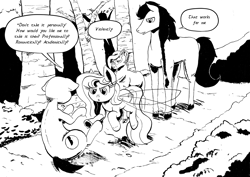 Size: 1280x905 | Tagged: safe, artist:darkhestur, oc, oc:dark, oc:dustlight, oc:thyra, earth pony, flutter pony, goat, goat pony, pony, anon pony, black and white, dialogue, forest, grayscale, meme, monochrome, road